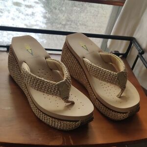 Volatile Cream and Tan Wedge Sandals